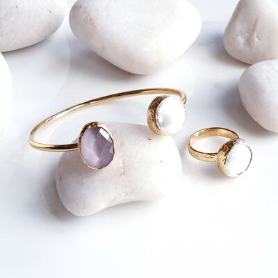 Pink Oval Cat's Eye und Pearl Armreif und Ring Set (SN749)