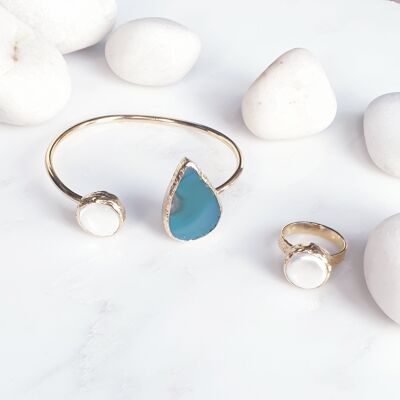 Teardrop Agate Pearl Armreif und Ring Set (SN752)