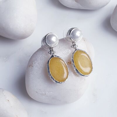 Yellow Jade  and Pearl Silver Earrings (SN760)
