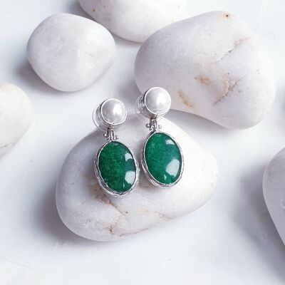 Green Jade  and Pearl Silver Earrings (SN761)