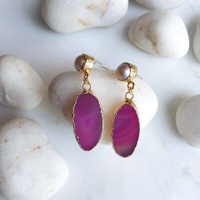Oval Pink Agate and Pearl Drop Earrings (SN763)