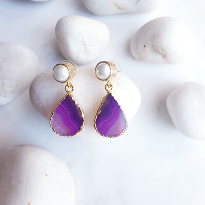 Teardrop Purple Agate  and Pearl Earrings (SN764)