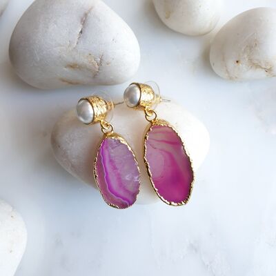 Boucles d'oreilles ovales en agate rose et perle (SN765)