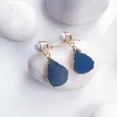 Teardrop Blue Agate and Pearl Earrings (SN766)