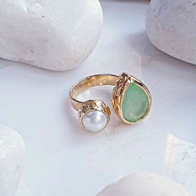 Bague en quartz vert et perle en forme de larme (SN768)