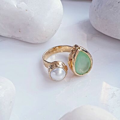 Quarzo verde a goccia e anello di perle (SN768)