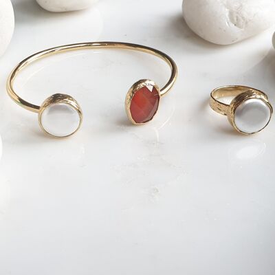 Burnt Orange Oval Cat's Eye und Pearl Armreif und Ring Set (SN780)