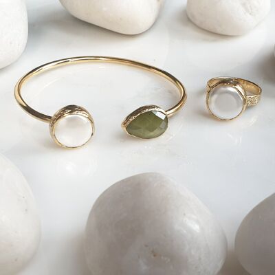 Juego de brazalete y anillo con perla y ojo de gato en forma de lágrima verde oliva (SN781)