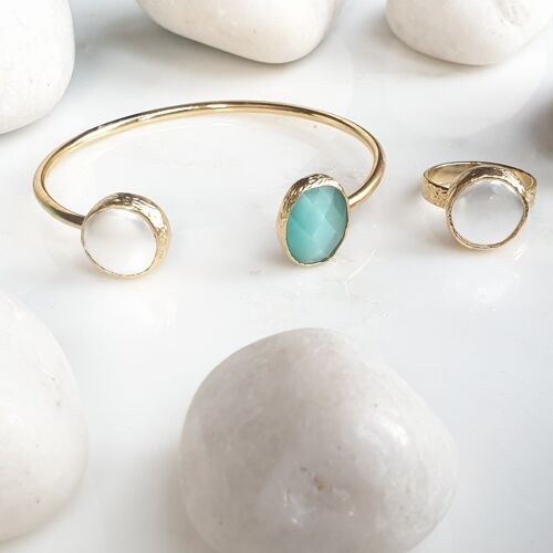 Aqua Oval  Cat's eye and Pearl Bangle and Ring Set (SN782)