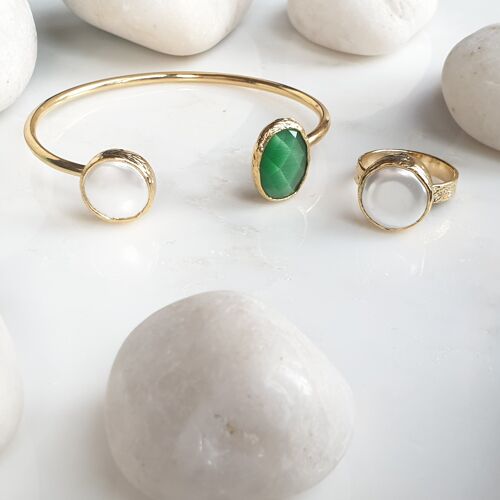 Green Oval  Cat's eye and Pearl Bangle and Ring Set (SN783)