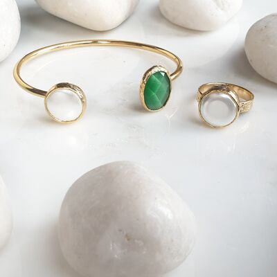 Set braccialetto e anello ovale verde con occhi di gatto e perle (SN783)