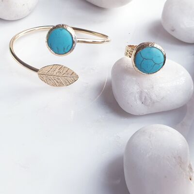 Ensemble de bracelet et bague feuille turquoise (SN784)