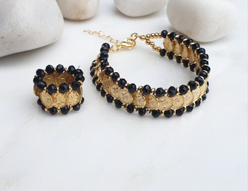 Black Coin Bracelet and Elasticated Ring (SN792)