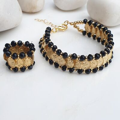 Black Coin Bracelet and Elasticated Ring (SN792)