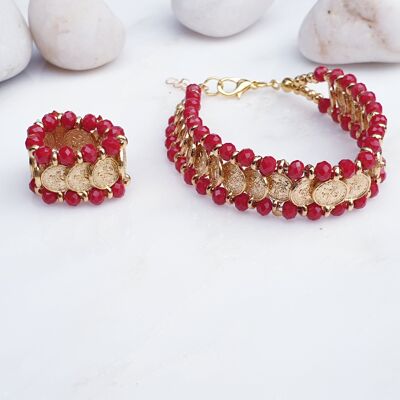 Red Coin Bracelet and Elasticated Ring (SN793)