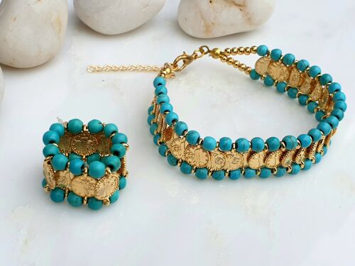 Turquoise Coin Bracelet and Elasticated Ring (SN794)