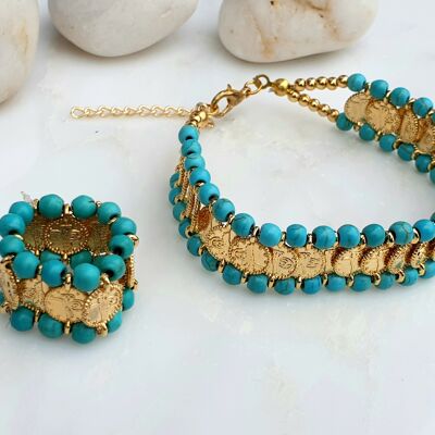 Turquoise Coin Bracelet and Elasticated Ring (SN794)