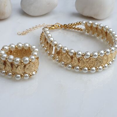 Pearl Coin Bracelet and Elasticated Ring (SN797)