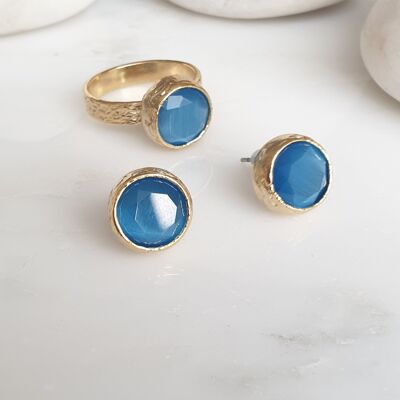 Conjunto de Anillos y Studs Redondo Azul Claro (SN874)