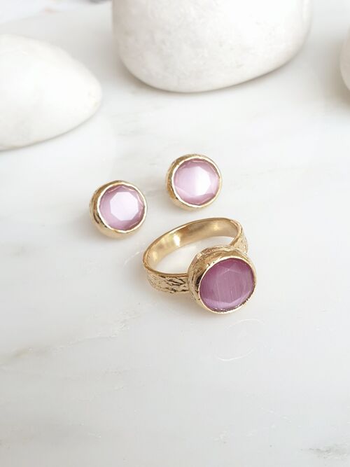 Pink Round Ring  and Studs set (SN875)