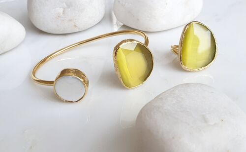 Yellow Cat's eye and Pearl bangle and ring set (SN889)