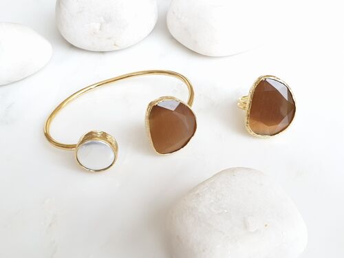 Camel Cat's eye and Pearl bangle and ring set (SN890)