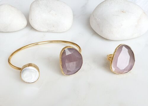 Darker Pastel Pink Cat's eye and Pearl bangle and ring set (SN891)