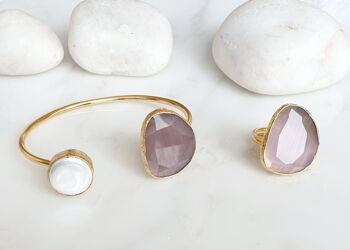 Ensemble bracelet et bague oeil de chat rose pastel plus foncé et perle (SN891)