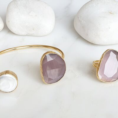 Darker Pastel Pink Cat's eye and Pearl bangle and ring set (SN891)