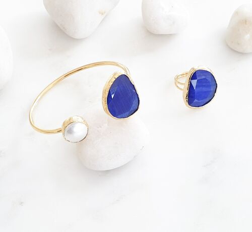 Royal  Blue Cat's eye and Pearl bangle and ring set (SN908)