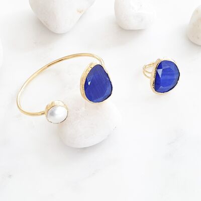 Royal Blue Cat's Eye and Pearl Armreif und Ring Set (SN908)