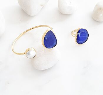 Ensemble bracelet et bague oeil de chat bleu royal et perle (SN908)