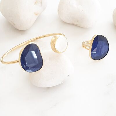 Set bracciale e anello con occhi di gatto e perle blu navy (SN909)