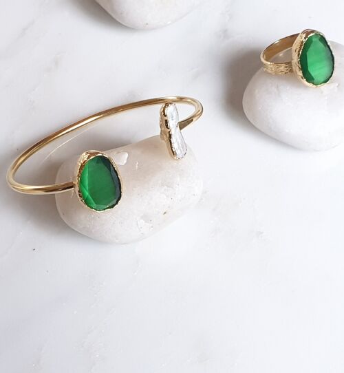 Green Cat's eye and Pearl bangle and ring set (SN932)