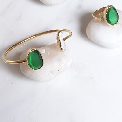 Ensemble bracelet et bague oeil de chat vert et perle (SN932)