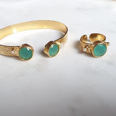 Aquamarine and Pearl hammered bangle and ring set (SN940)