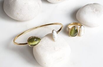 Teardrop Olive Green Cat's Eye et Perle ensemble bracelet et bague (SN941)