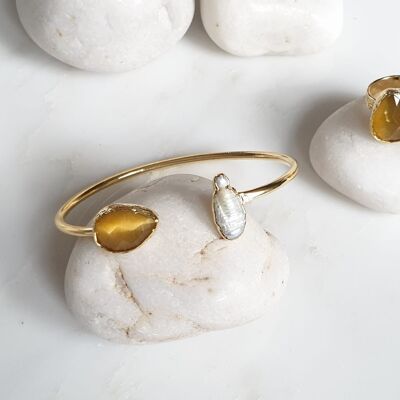 Teardrop Yellow Cat's Eye and Pearl bangle and ring set (SN942)