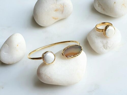 Sunset Orange Agate and Pearl bangle and ring set (SN943)