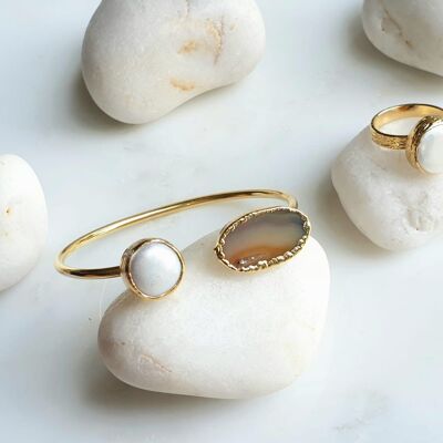 Sunset Orange Agate and Pearl bangle and ring set (SN943)