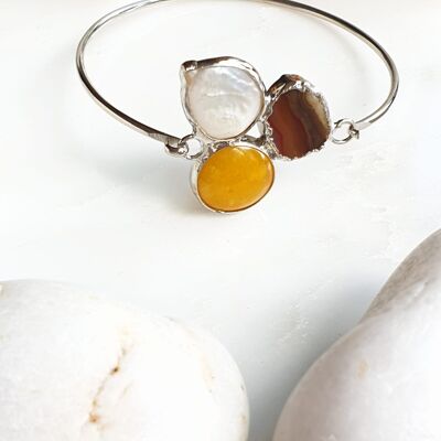 Bracciale rigido in agata sardonica marrone, perla e giada gialla (SN959)
