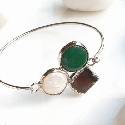 Bracciale rigido in agata smeraldo, perla e sardonice (SN960)