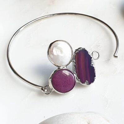 Bracciale rigido in argento rosa giada, perla e agata sardonica viola (SN961)