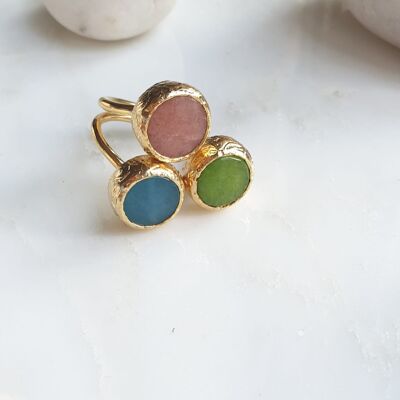 Pink, Green and Blue Jade three stone ring (SN963)