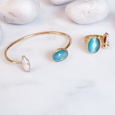 Conjunto de anillo y brazalete Ojo de Gato Azul y Perla (SN973)