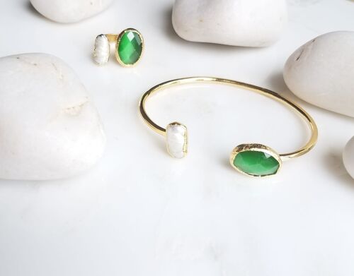 Green Cat's Eye and Pearl ring and bangle set (SN974)