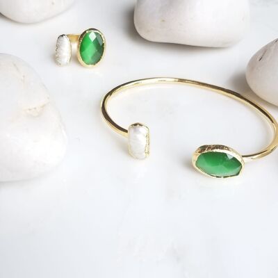 Conjunto de anillo y brazalete Ojo de Gato Verde y Perla (SN974)