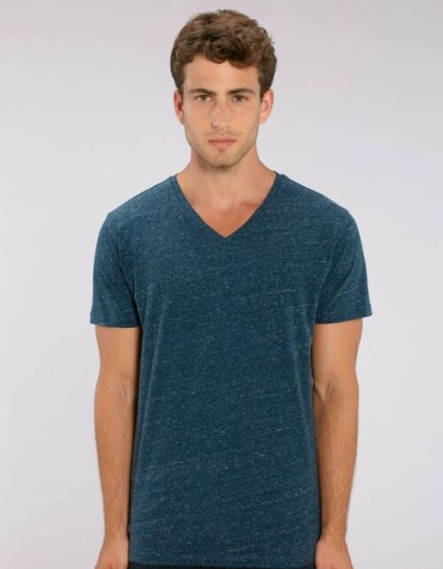 T-shirt Homme col V bleu denim chiné en coton BIO