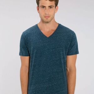 T-shirt Homme col V bleu denim chiné en coton BIO