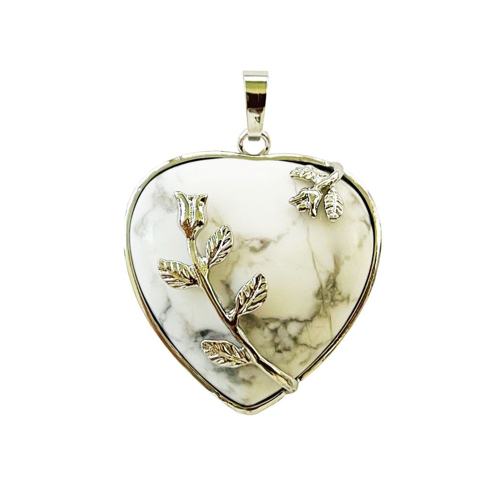 Pendentif Howlite - Coeur fleuri